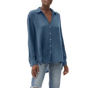 NWOT MICHAEL STARS Shirt L"Leo"Gauze Cotton Blue Curve-High-LowHem LongSl Btn-Up